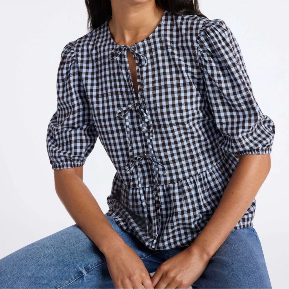 Time and Tru Brown and Blue Checkered Blouse